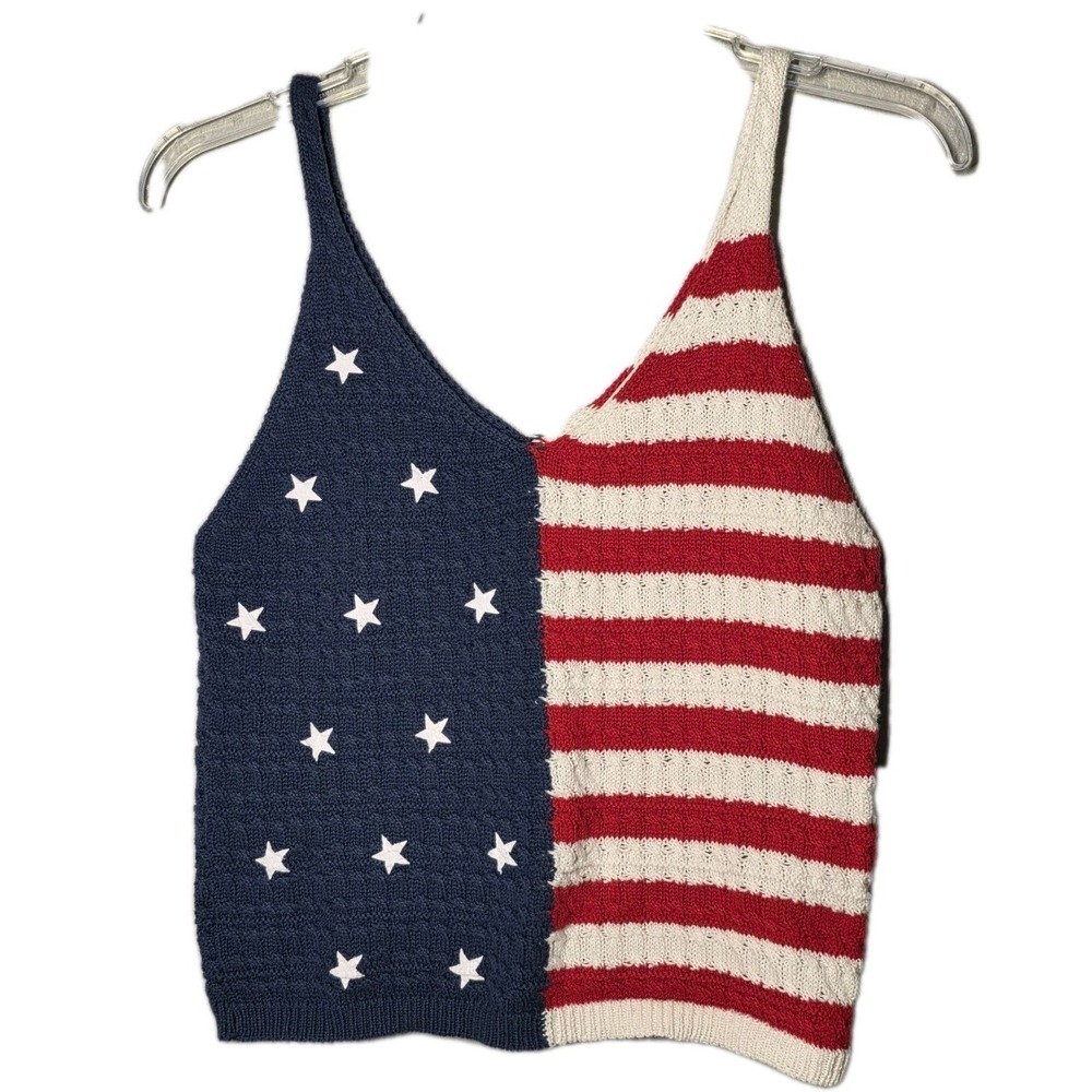 Moon & Madison American Flag Knit Sweater Tank Top Medium Red White Blue Stars